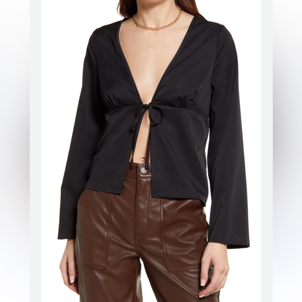 Open Edit Black Satin Open Front Top